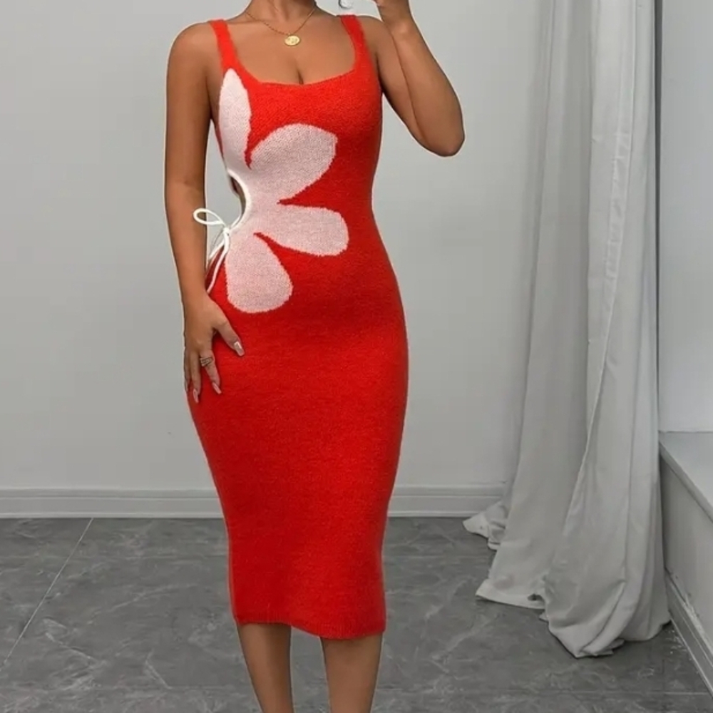SHEIN Vibrant Orange Midi Dress with White Floral Accent